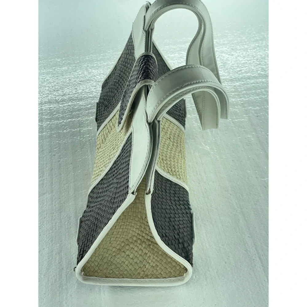 Woven Straw Satchel Bag Top Handle Purse Neutral‎ Colorblock Small